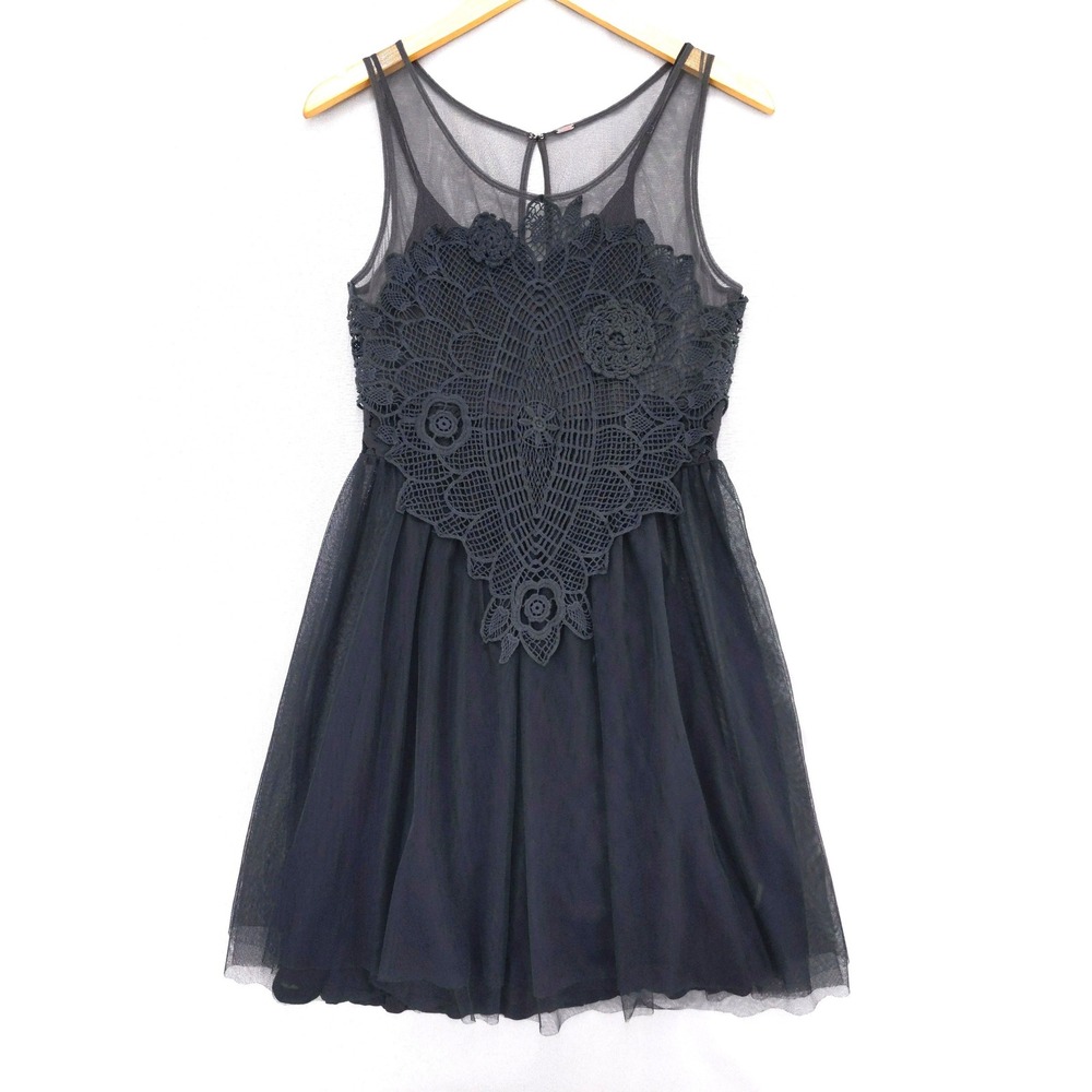 Free People Mini Dress Women XS Black Crochet Lace Mesh Tulle Sleeveless Boho